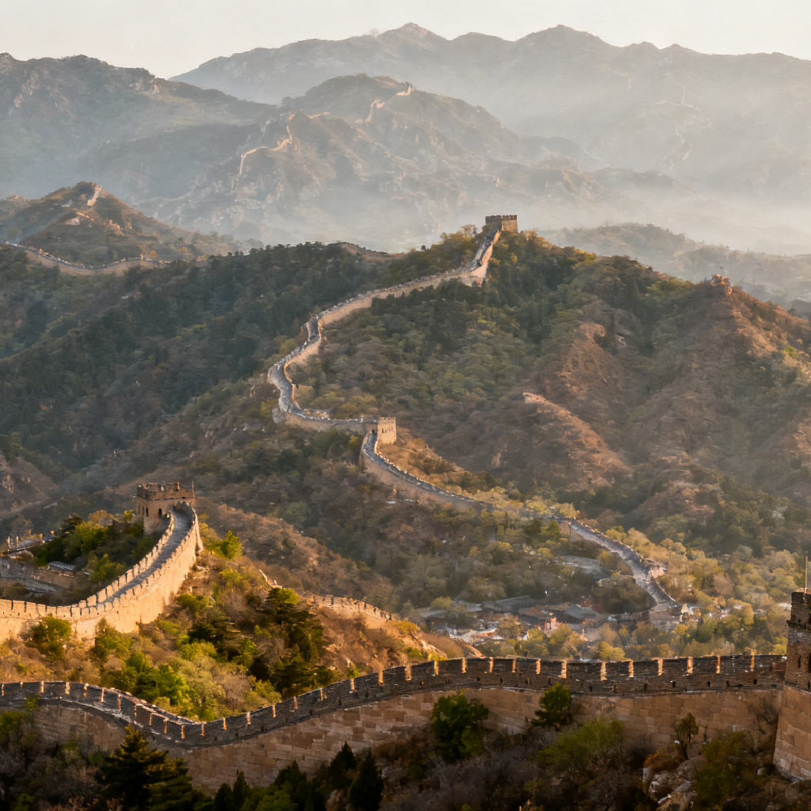 Panoramic view of the Great Wall winding through mountains