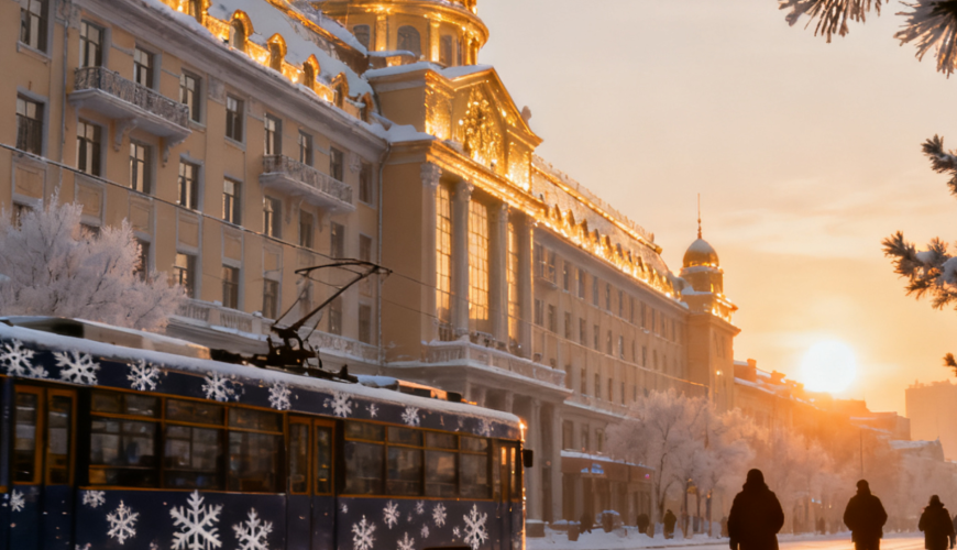 Snowy urban street scene with a tram, historic buildings, pedestrians, and sunset lighting