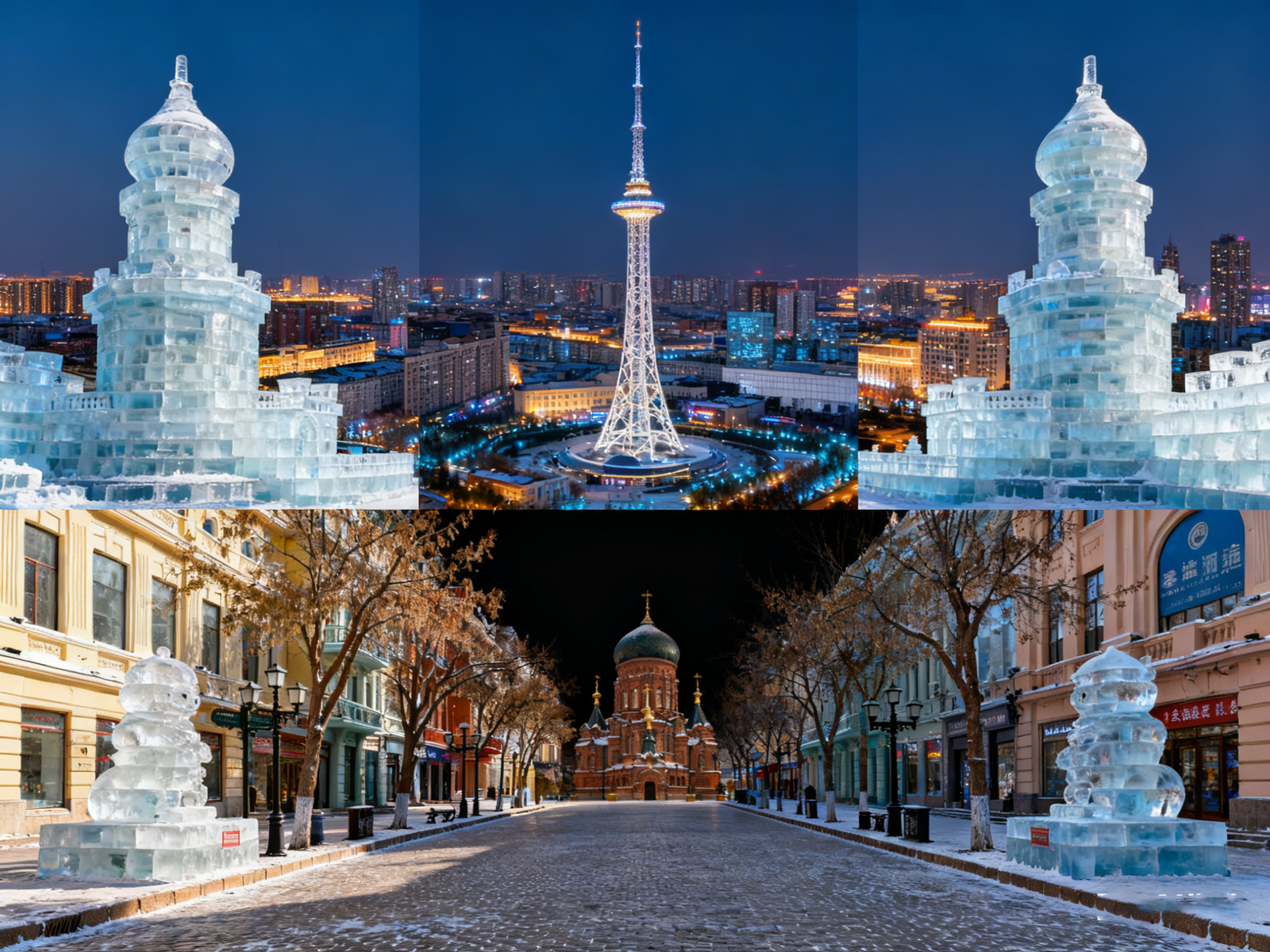 Ice sculptures of architectural structures alongside cityscapes at night, including a TV tower and St. Sophia Cathedral in Harbin, with illuminated buildings and snowy streets.
