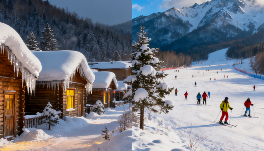 Split view of snow - covered log cabins on the left and a lively ski resort with skiers on the right, set against snow - capped mountains.