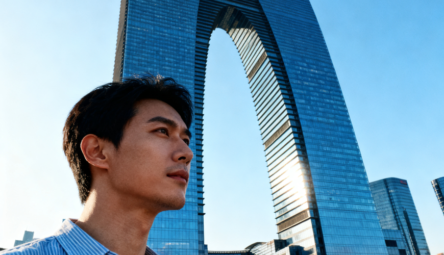 A person in a blue - and - white striped shirt stands in front of the Gate of the Orient (a well - known skyscraper in Suzhou) under a clear blue sky.