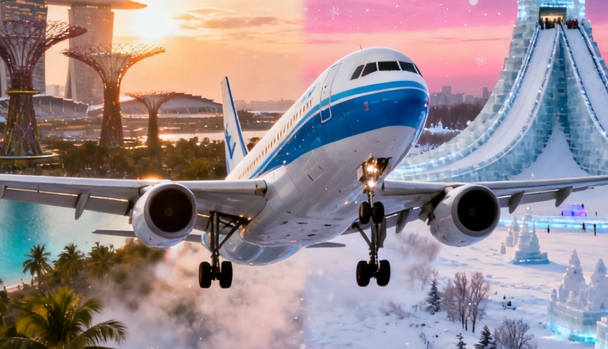 An airplane flying between two contrasting destinations: Singapore’s tropical cityscape (with Gardens by the Bay and Marina Bay Sands) on the left, and Harbin’s snowy Ice and Snow World on the right.