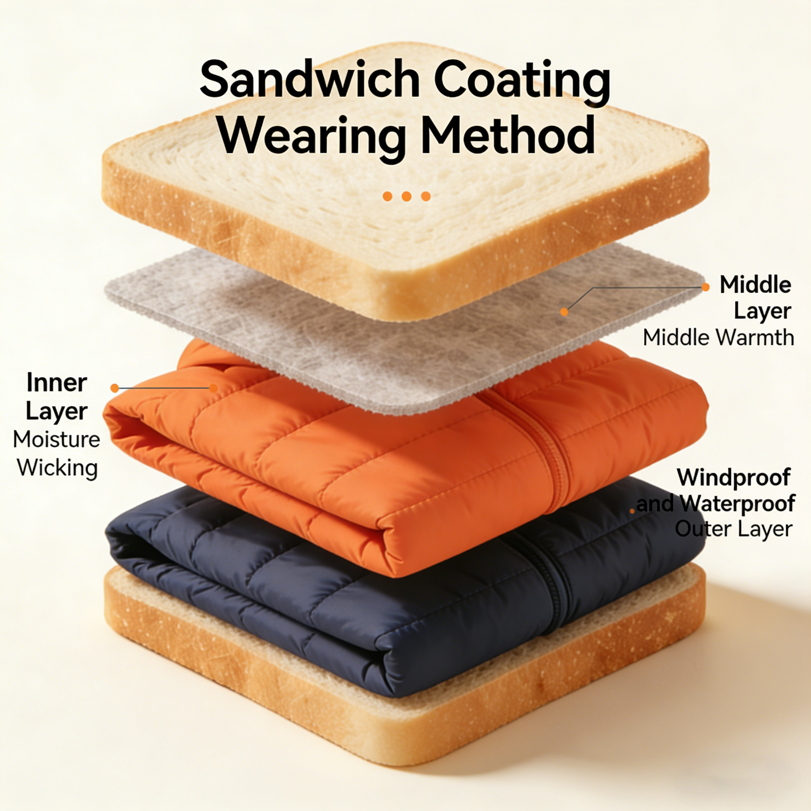 Sandwich layer method illustration showing three layers of clothing
