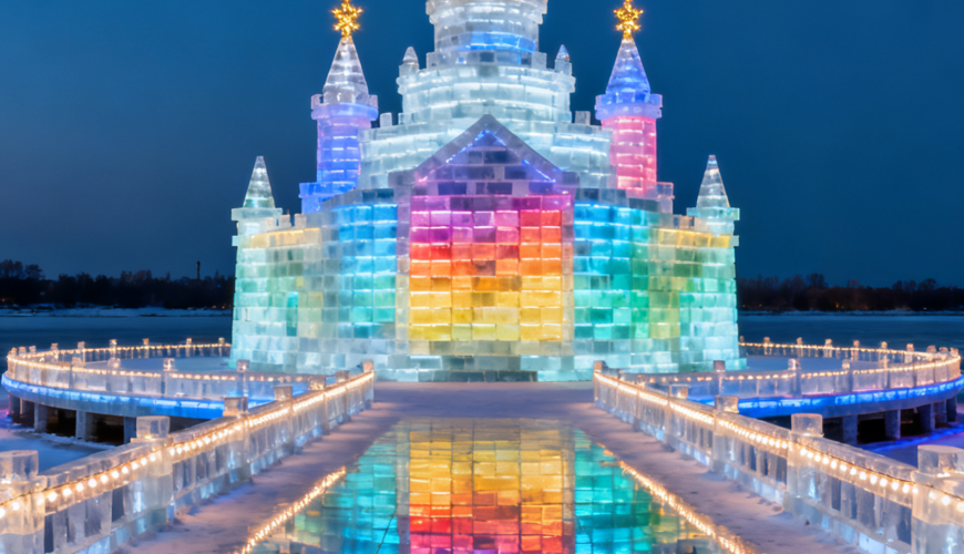 An ice castle lit up with colorful lights at night, connected by an ice bridge with warm lights, and reflections of the castle visible on the icy ground.