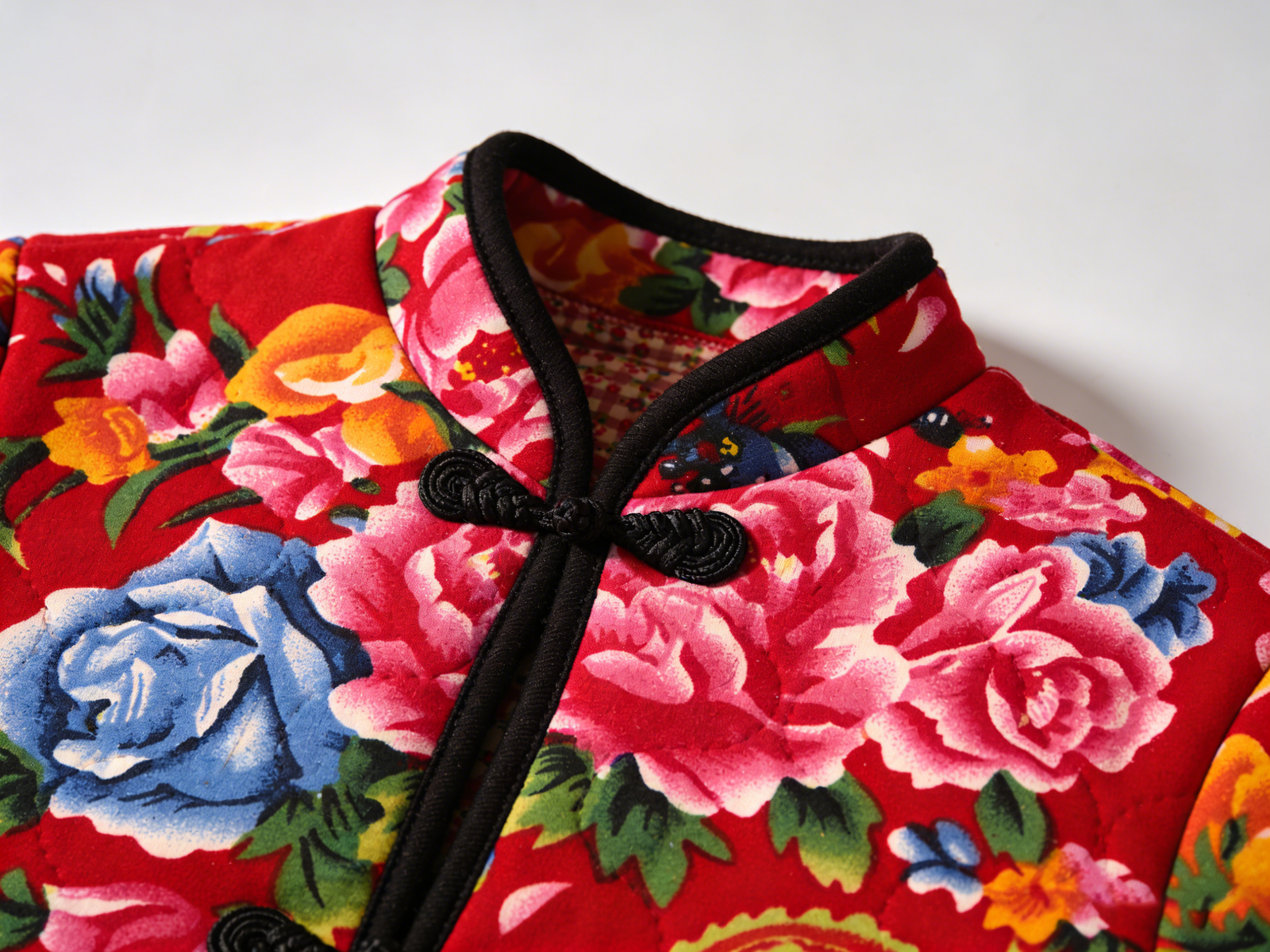 Close-up detail of traditional floral cotton jacket (dahua mianao)