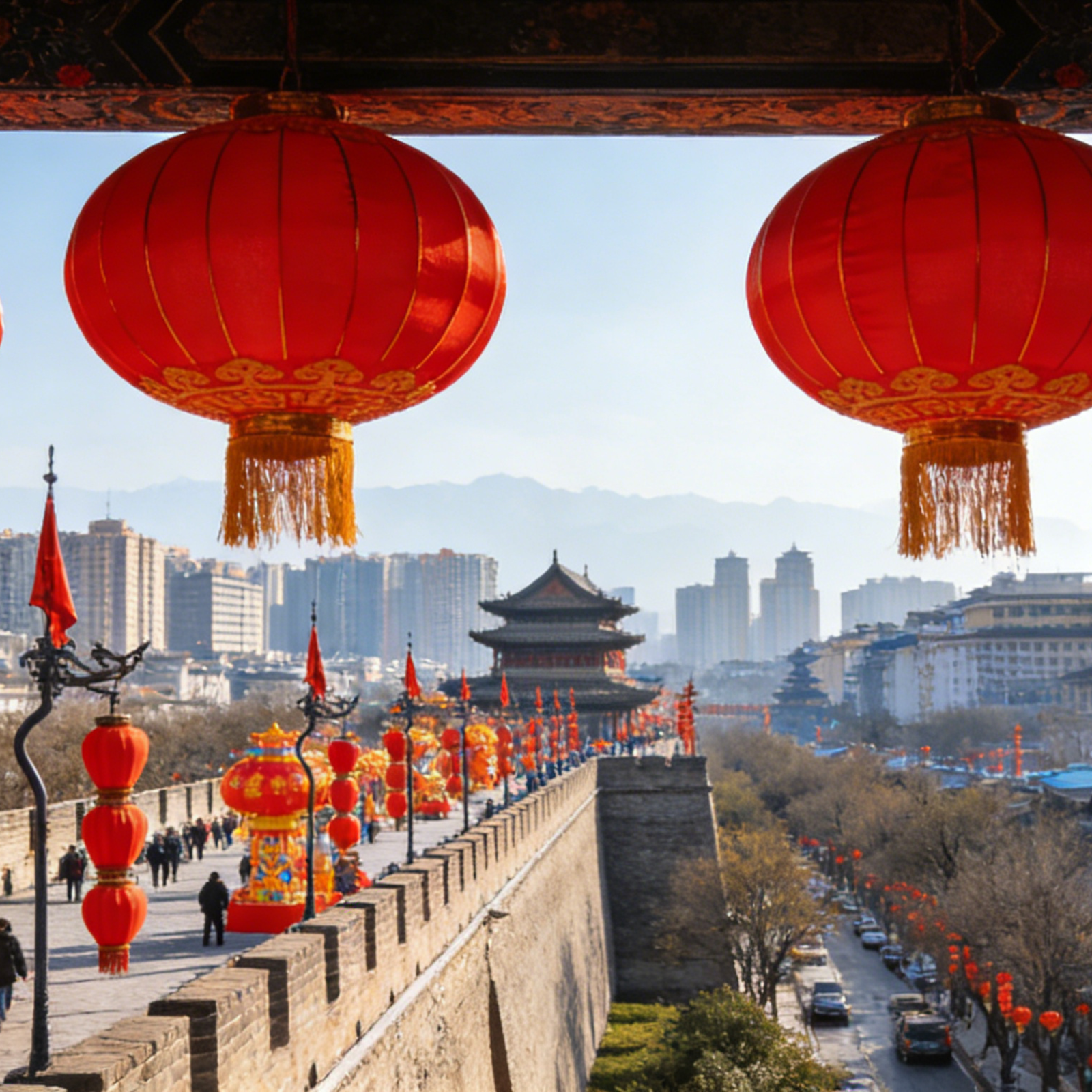 Xi'an city panorama with Spring Festival atmosphere