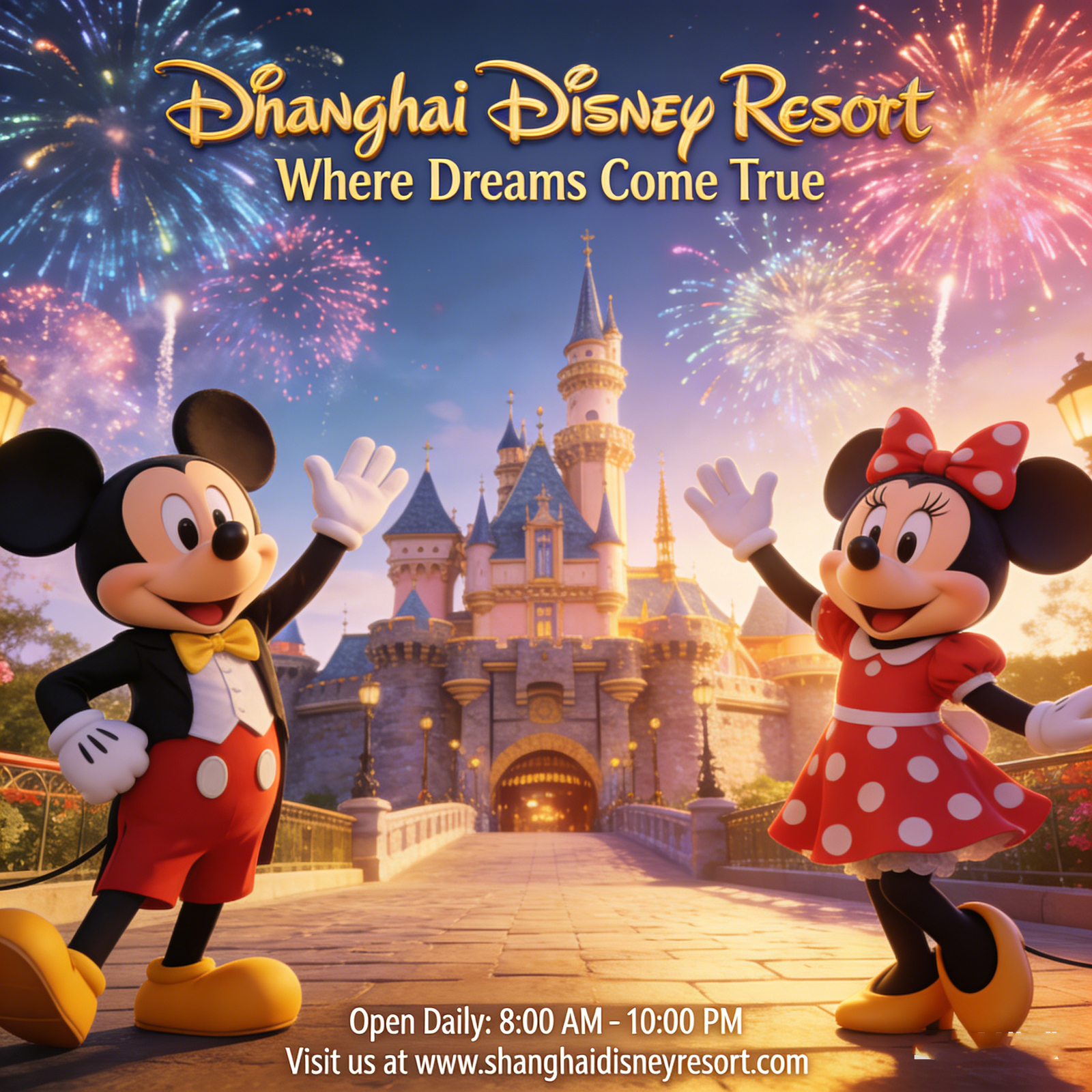 Shanghai Disney Resort with Mickey Mouse, Minnie Mouse, Cinderella Castle, and fireworks, along with "Where Dreams Come True" slogan and park opening details