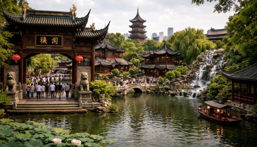 Entrance of Shanghai’s Yu Garden with traditional Chinese architecture, stone lions, a lake featuring lotus flowers, a waterfall, and modern city skyscrapers in the background.