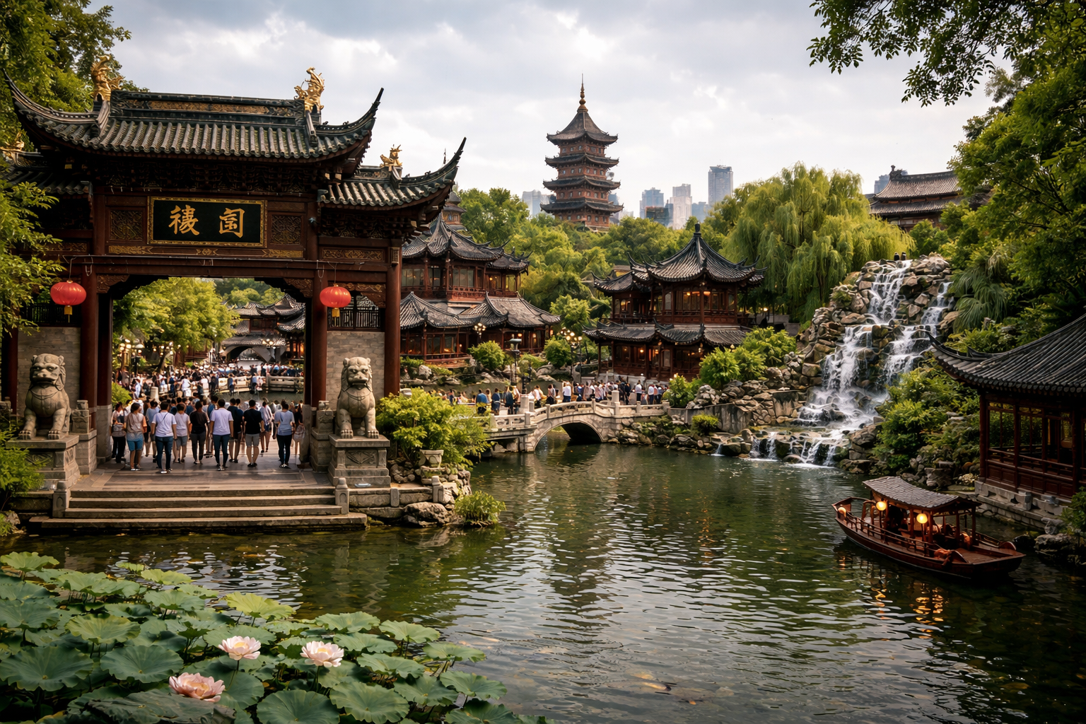 Entrance of Shanghai’s Yu Garden with traditional Chinese architecture, stone lions, a lake featuring lotus flowers, a waterfall, and modern city skyscrapers in the background.