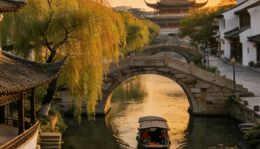 a traditional chinese water town scene with a canal, arched stone bridges, white - and - black tiled buildings, willow trees, and a boat under a golden sunset sky