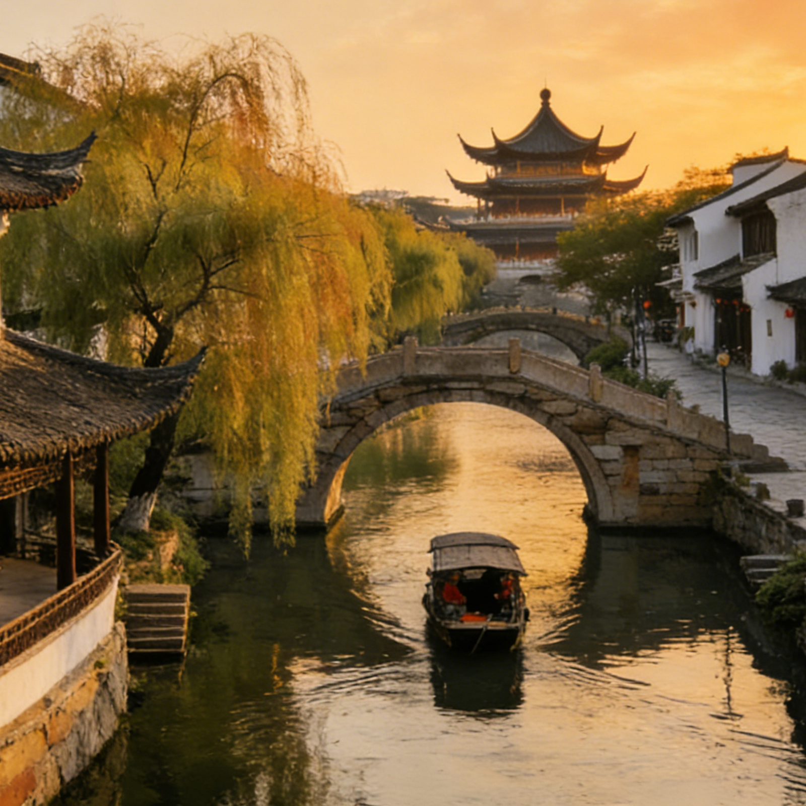 a traditional chinese water town scene with a canal, arched stone bridges, white - and - black tiled buildings, willow trees, and a boat under a golden sunset sky