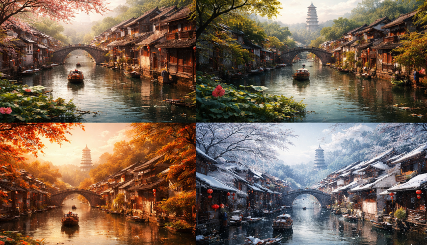 Four - panel image displaying a traditional Chinese water town in spring, summer, autumn, and winter, featuring rivers, arched bridges, ancient wooden houses, and a pagoda, with seasonal variations in foliage, lighting, and weather.
