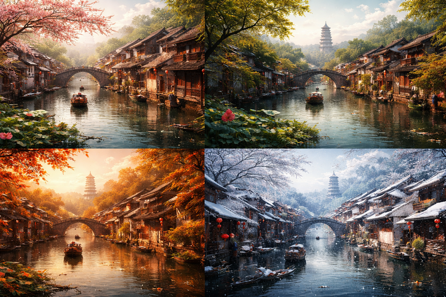 Four - panel image displaying a traditional Chinese water town in spring, summer, autumn, and winter, featuring rivers, arched bridges, ancient wooden houses, and a pagoda, with seasonal variations in foliage, lighting, and weather.