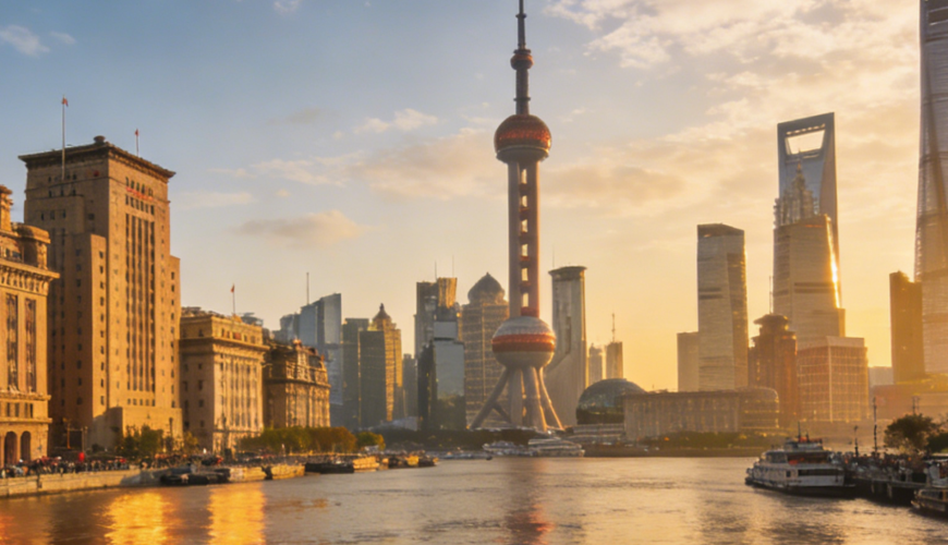 Shanghai skyline at sunset with the Huangpu River, Bund’s historic buildings, and modern skyscrapers like the Oriental Pearl Tower