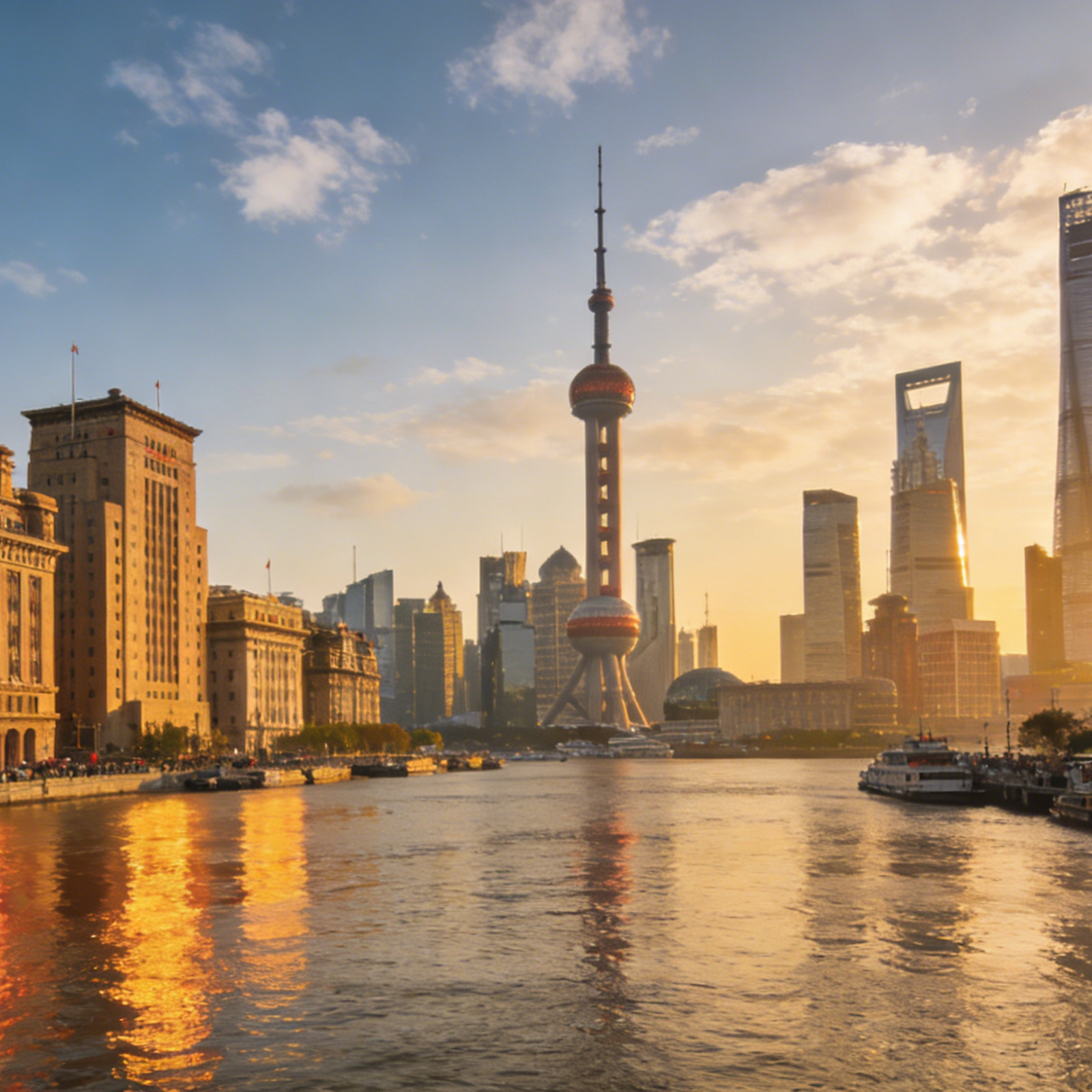 Shanghai skyline at sunset with the Huangpu River, Bund’s historic buildings, and modern skyscrapers like the Oriental Pearl Tower