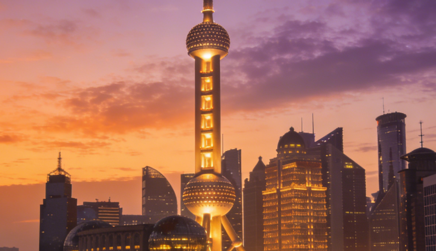 Shanghai skyline at dusk with the Oriental Pearl Tower, reflecting lights on the Huangpu River under a purple - orange sky