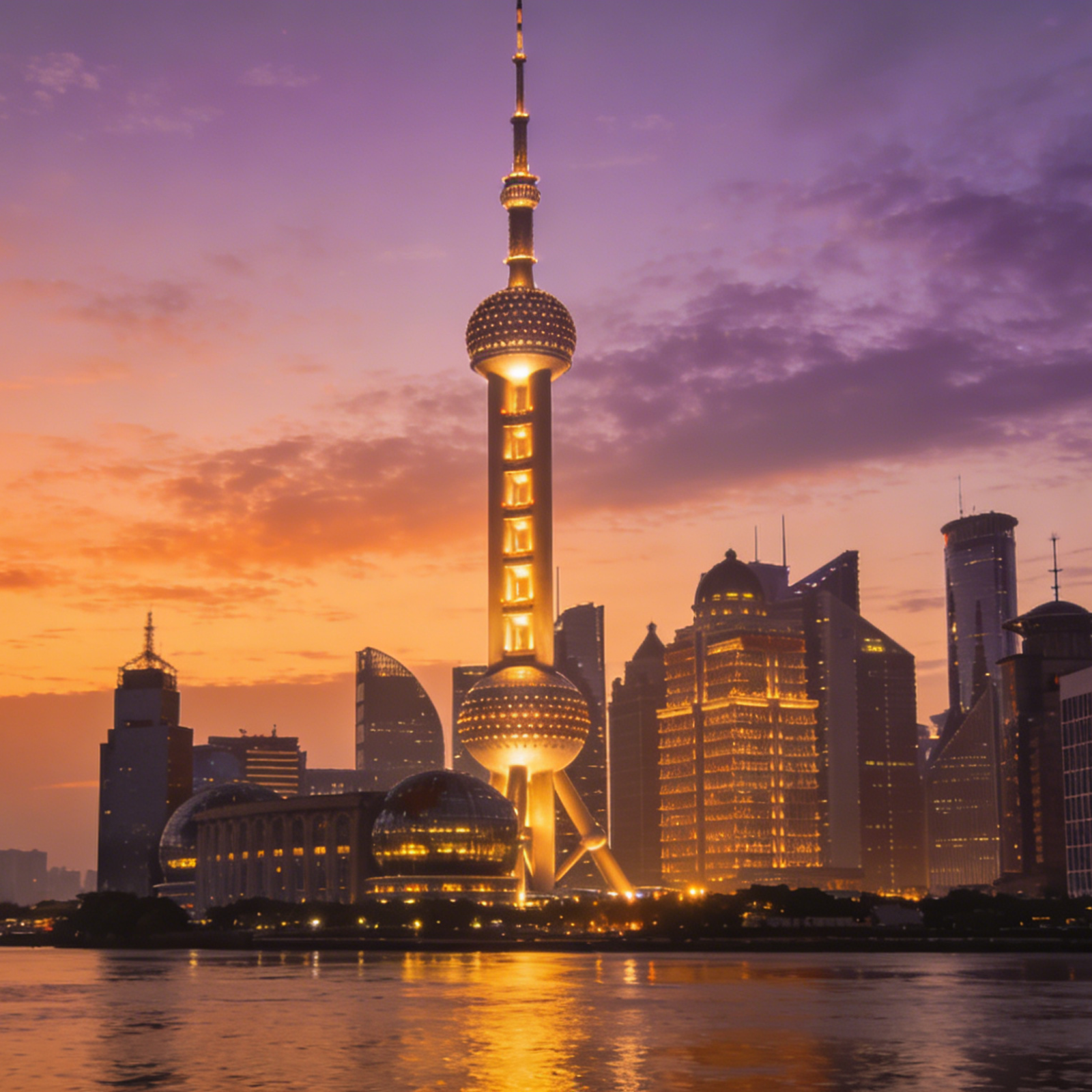 Shanghai skyline at dusk with the Oriental Pearl Tower, reflecting lights on the Huangpu River under a purple - orange sky