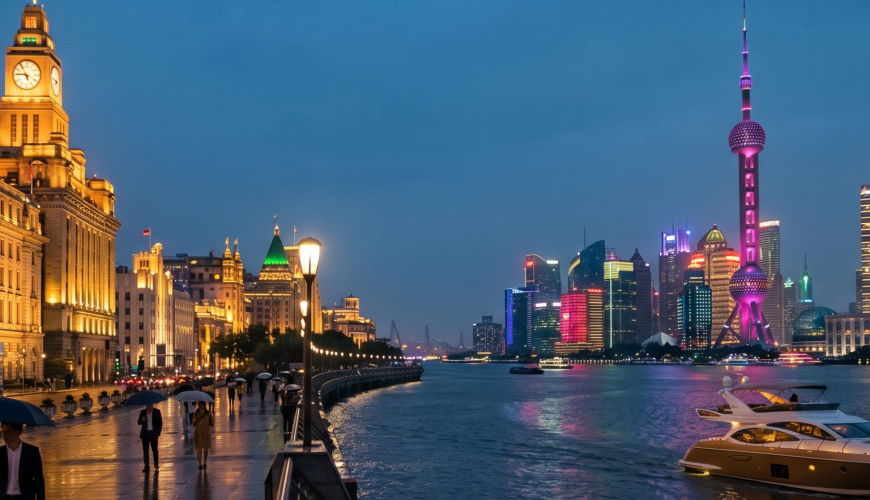 Night view of Shanghai's Bund (Waitan), featuring the historic colonial buildings illuminated on the left and the modern Lujiazui skyline with the Oriental Pearl Tower on the right, reflected on the Huangpu River.