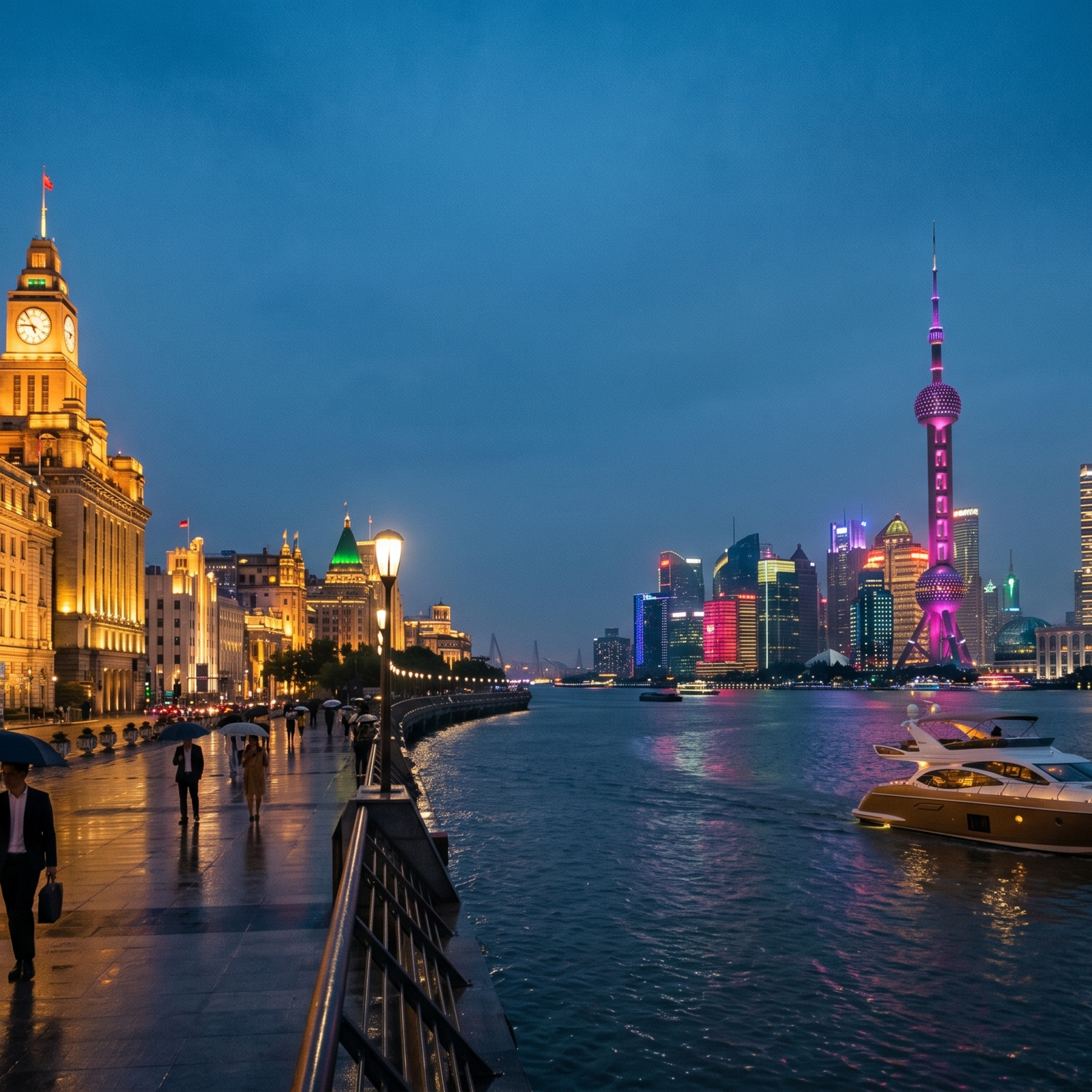 Night view of Shanghai's Bund (Waitan), featuring the historic colonial buildings illuminated on the left and the modern Lujiazui skyline with the Oriental Pearl Tower on the right, reflected on the Huangpu River.